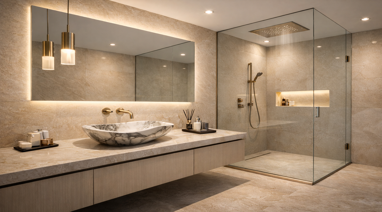 Luxury designer wash basin with premium bathroom fittings in a modern intelligent bathroom showroom in Delhi