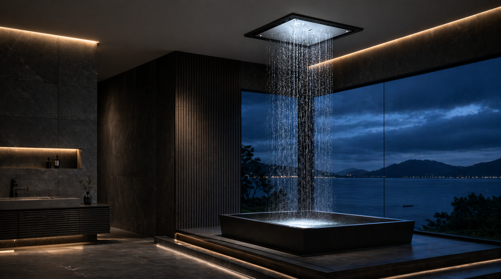 luxury bathroom fittings in Delhi with ceiling rain shower and modern bathroom design