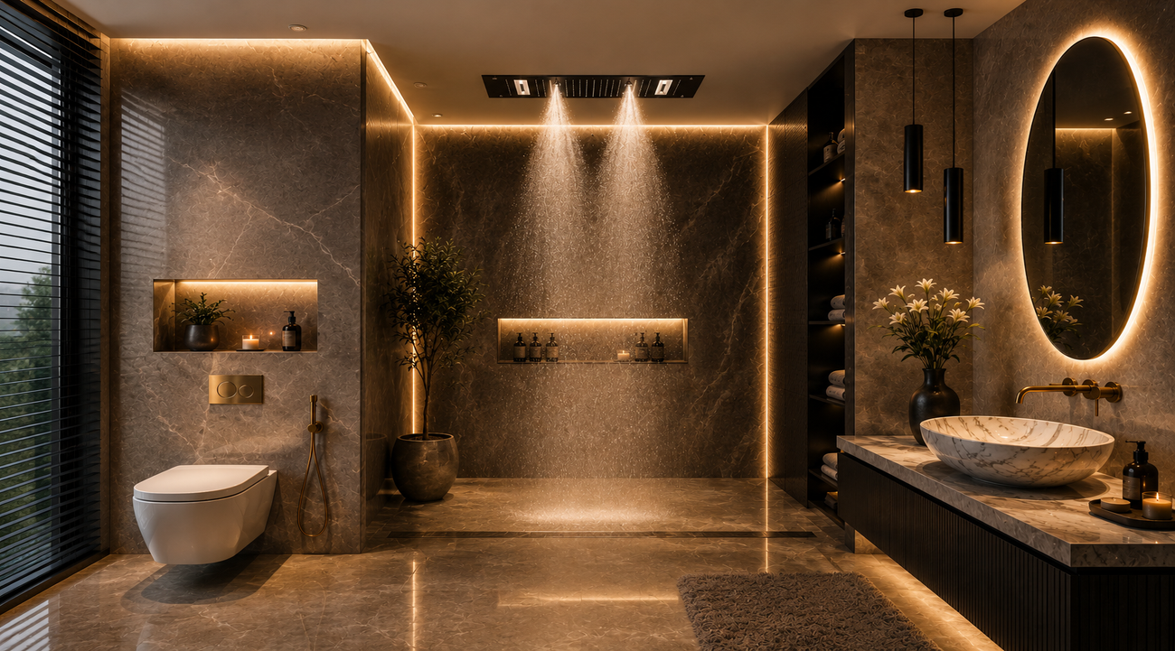 Luxury intelligent bathroom with premium bathroom fittings in Delhi, smart shower system, designer marble wash basin, and modern luxury interiors.