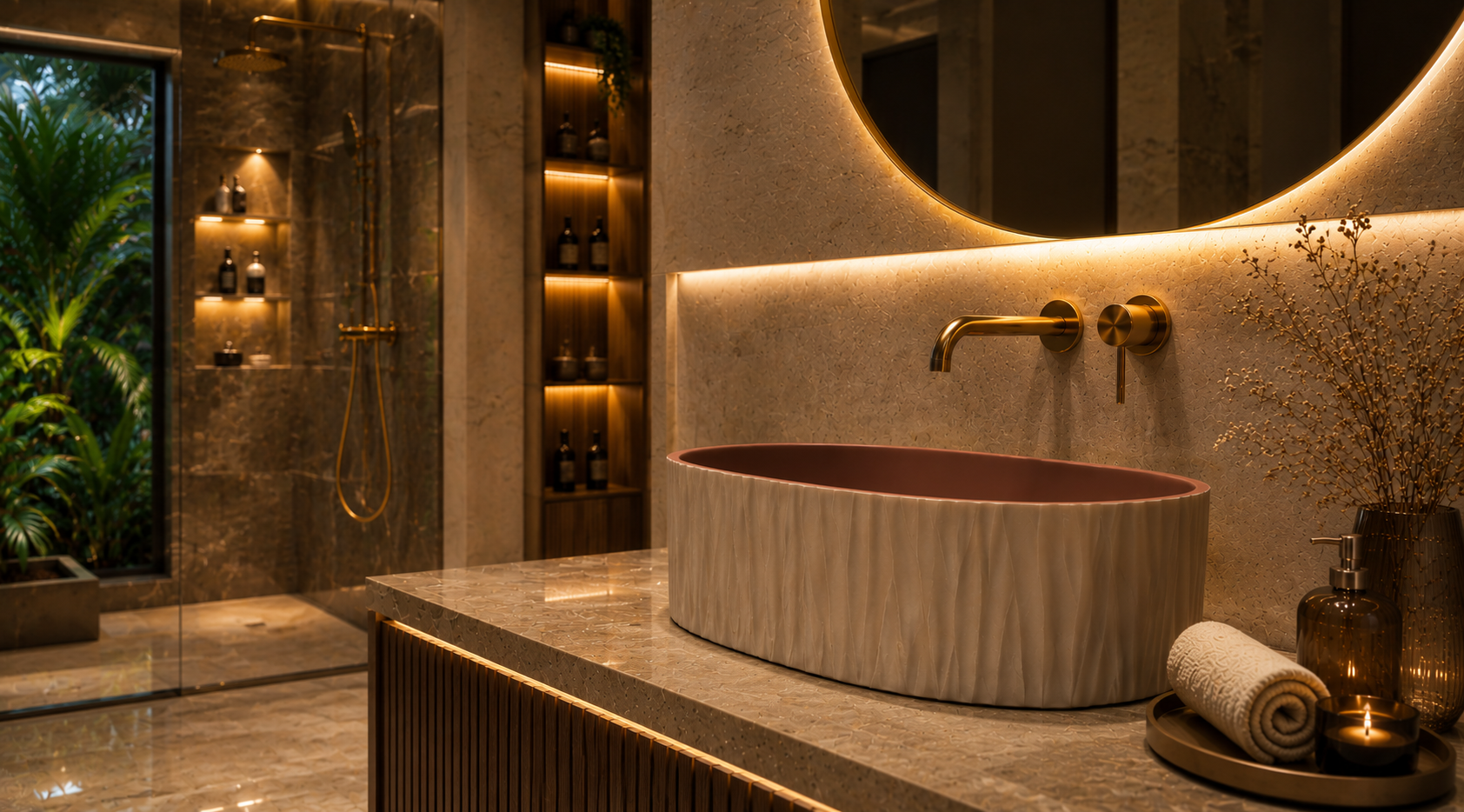 Modern designer basin with luxury bathroom fittings and shower system in a premium contemporary bathroom interior.