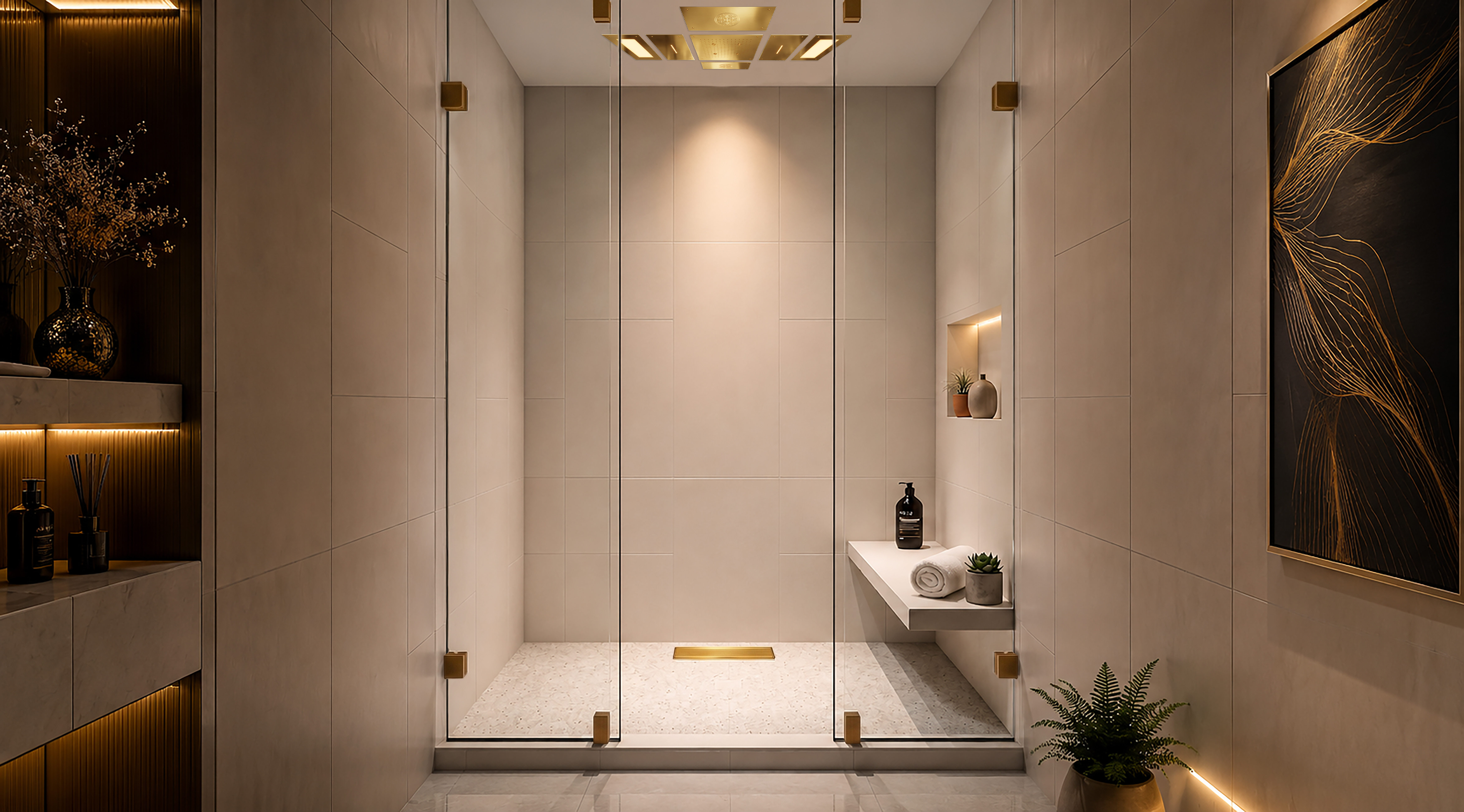 Luxury bathroom fittings in Delhi featuring premium shower system, modern bath fittings, elegant glass enclosure, and sophisticated CAROLIETO bathroom design.