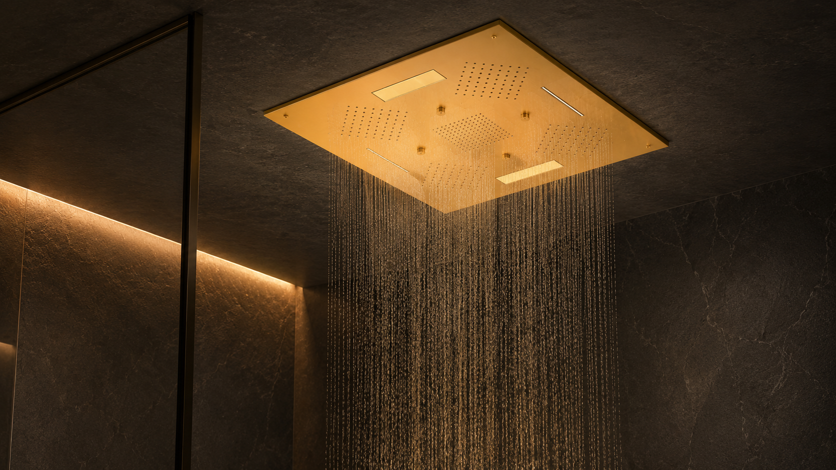 Luxury rainfall shower system with premium bathroom fittings in Delhi inside a modern spa-inspired bathroom by CAROLIETO.