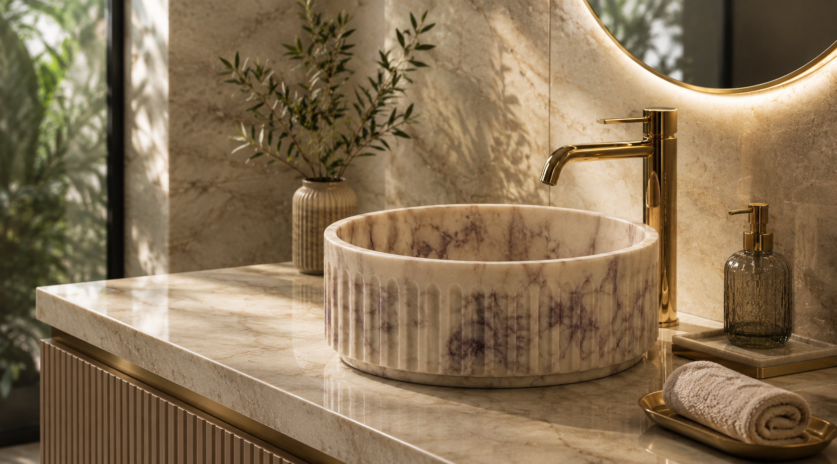 Premium bathroom fittings and designer wash basin in a luxury modern bathroom by CAROLIETO in Delhi.