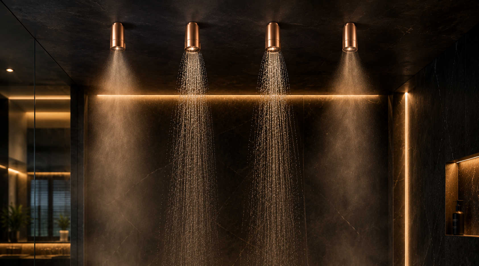 Premium bathroom fittings in Delhi featuring a designer wash basin, luxury shower system, and intelligent bathroom solutions for modern luxury homes.