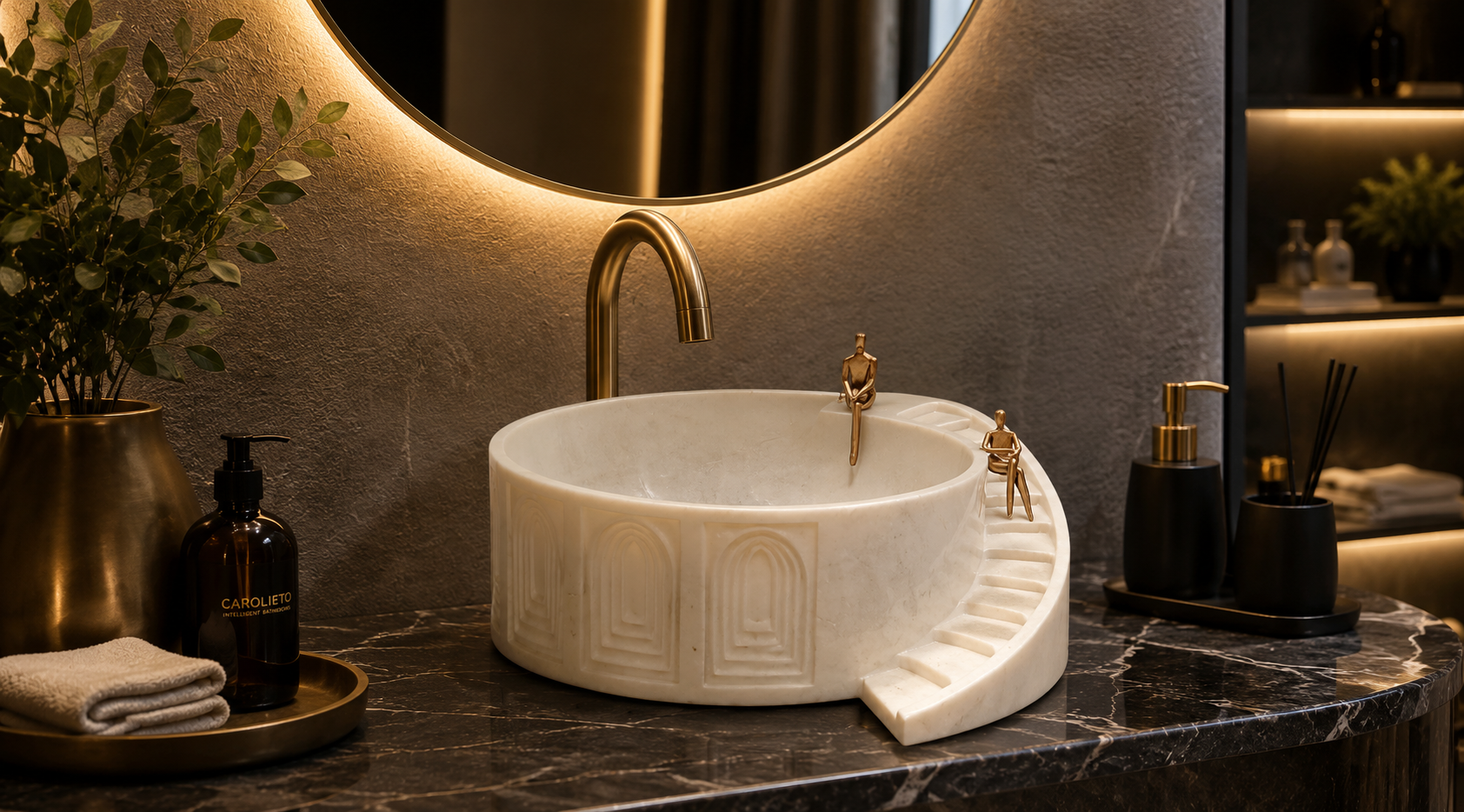 Designer wash basin in a luxury bathroom featuring premium bathroom fittings, elegant materials, custom colours and modern interior design.
