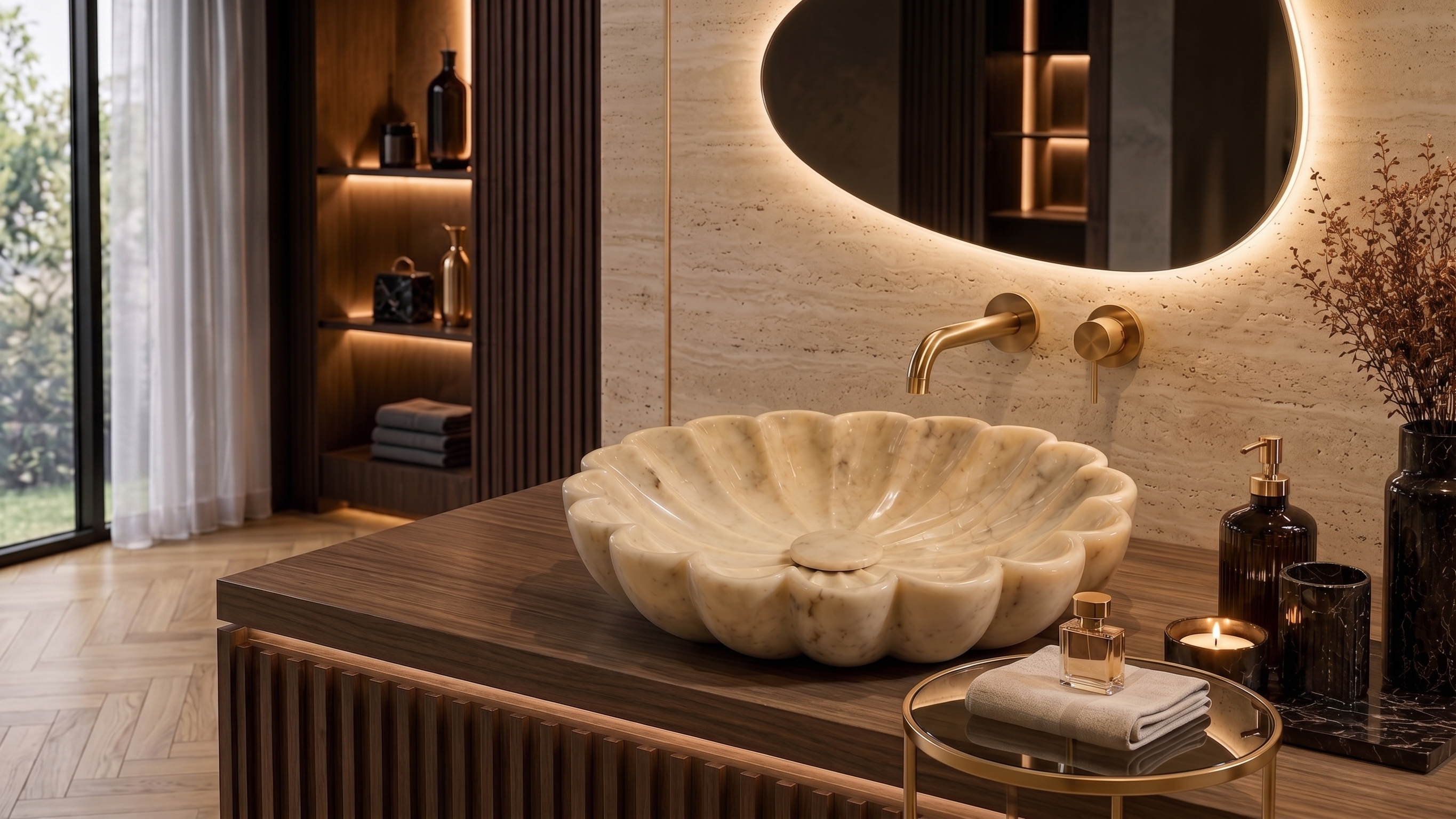 Luxury petal-shaped marble wash basin in a designer bathroom in Delhi