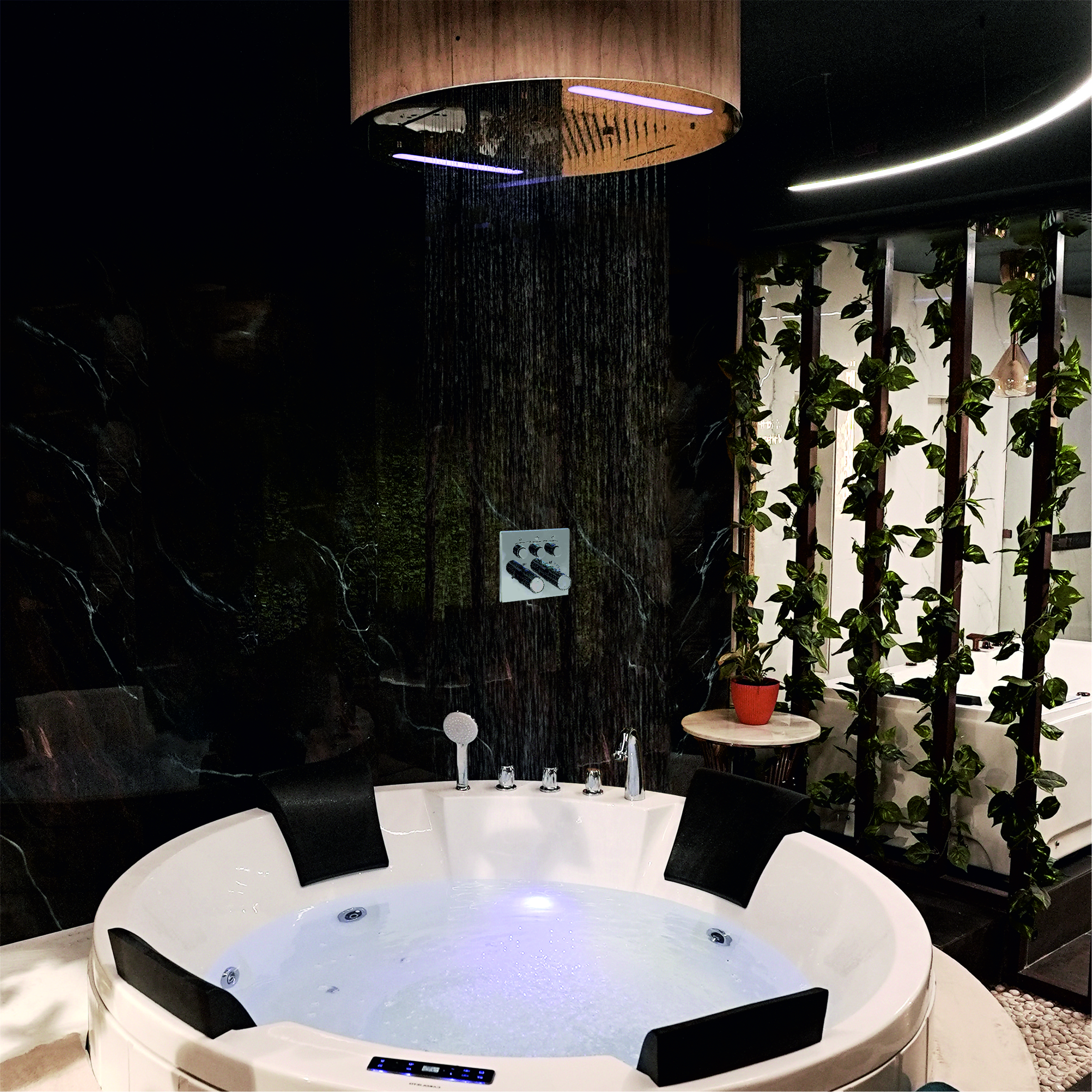 Luxury waterfall shower system for bathtubs and jacuzzi areas