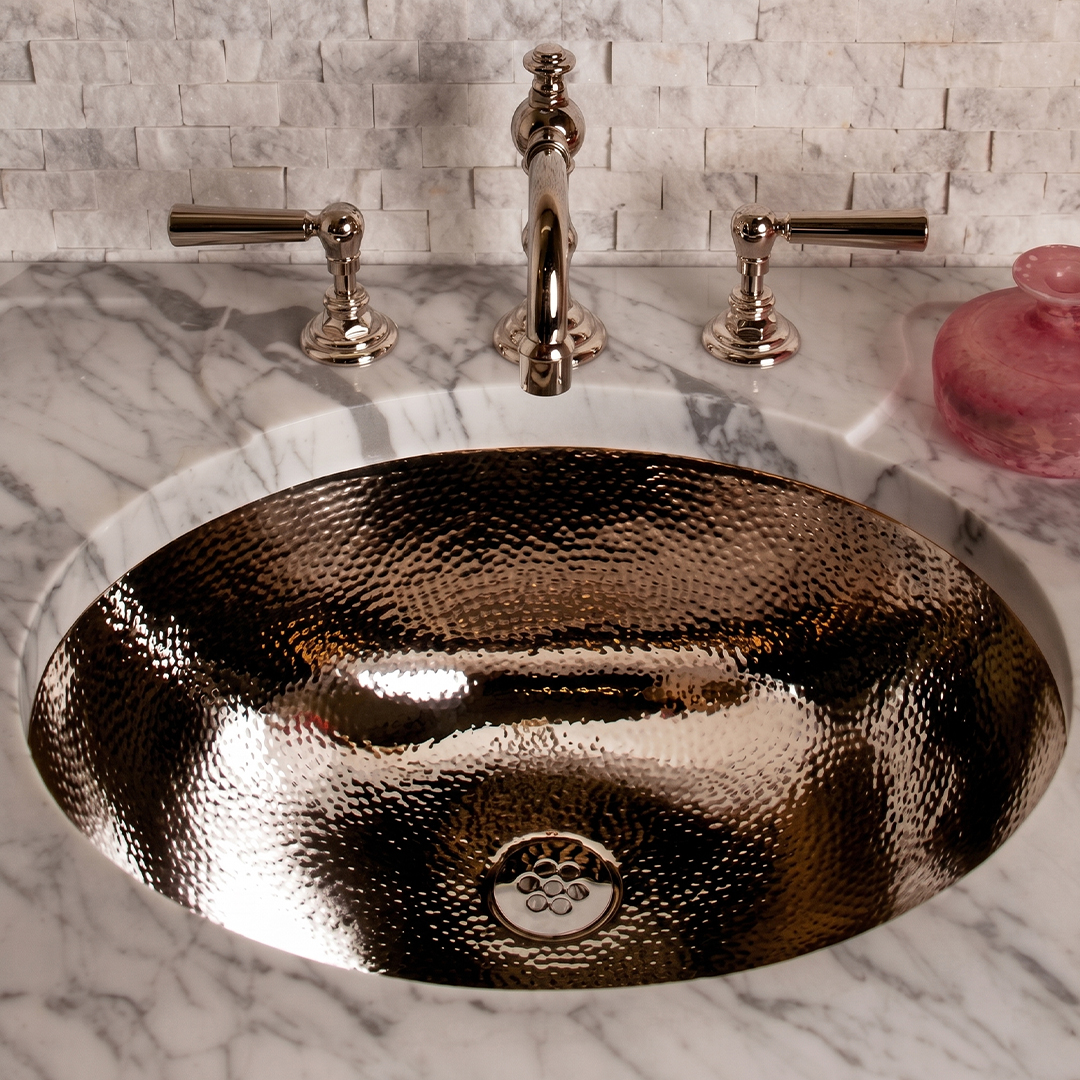 Hammered metallic undercounter basin luxury bathroom vanity installation