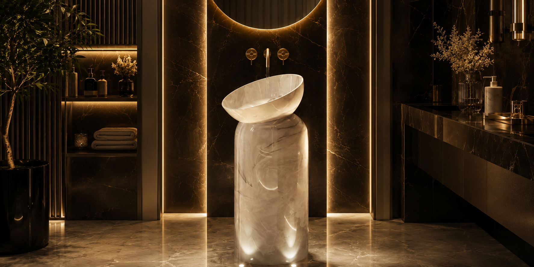 Designer marble wash basin with freestanding sculptural design, natural stone finish, and luxury bathroom aesthetics by CAROLIETO.