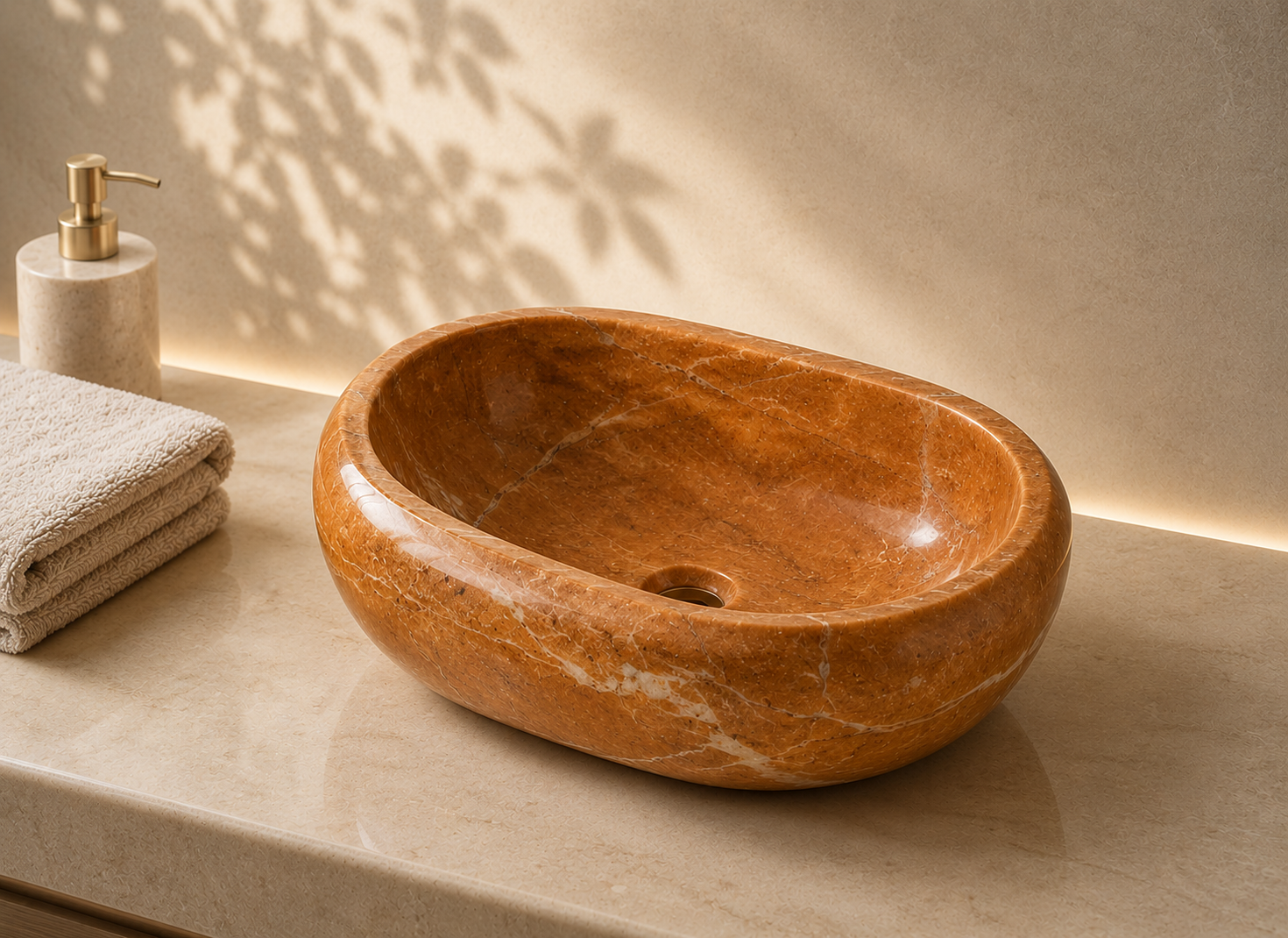 Luxury brown Italian stone table top basin with natural stone textures, premium craftsmanship, and elegant design for modern bathrooms by CAROLIETO.