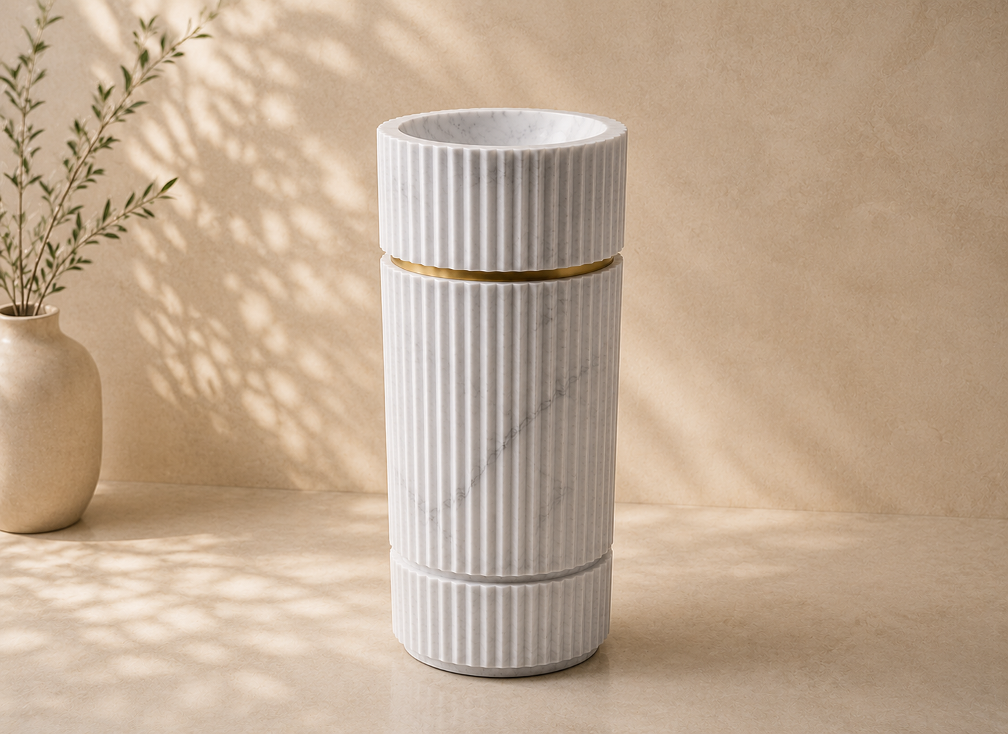Luxury white marble standalone basin with sculptural design, natural stone finish, and elegant craftsmanship for modern bathrooms by CAROLIETO.